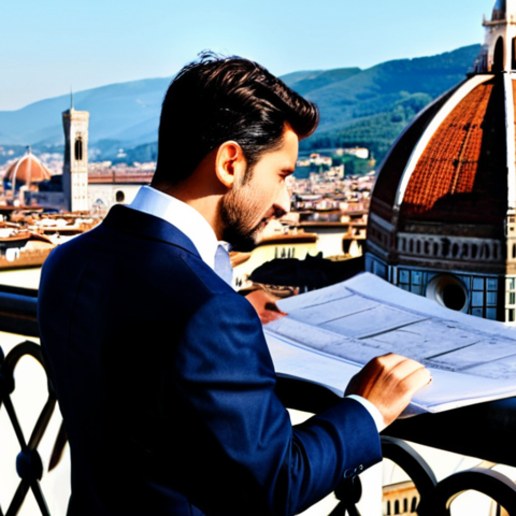 **

"A professional Italian architect, fully clothed in a stylish but modest outfit, is reviewing blueprints on a sunny balcony overlooking the Duomo in Florence. Appropriate attire, safe for work, perfect anatomy, natural proportions, architectural photography, high quality."

**