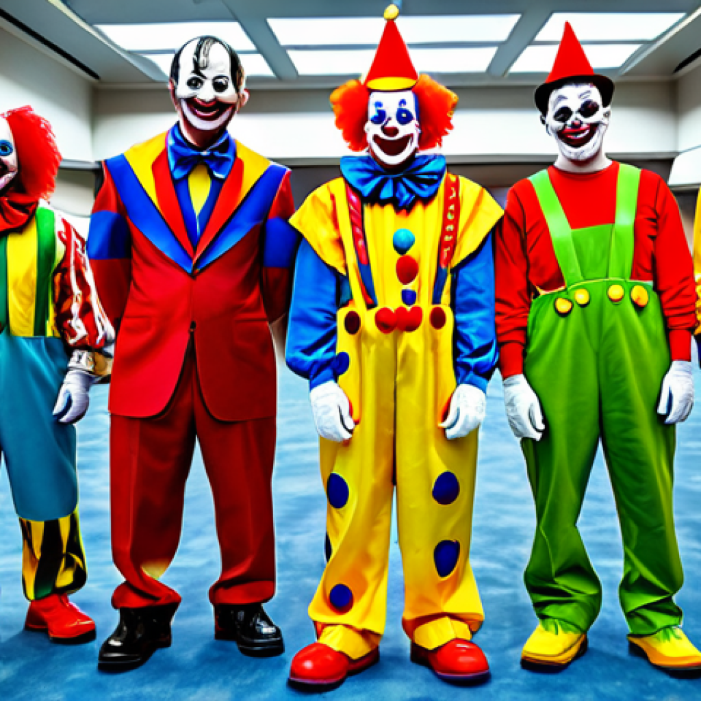 마인크래프트 몬스터 리소스팩 제작 - "Clown Creeper Convention"**

"A group of fully clothed Creeper characters dressed in colorful clown...