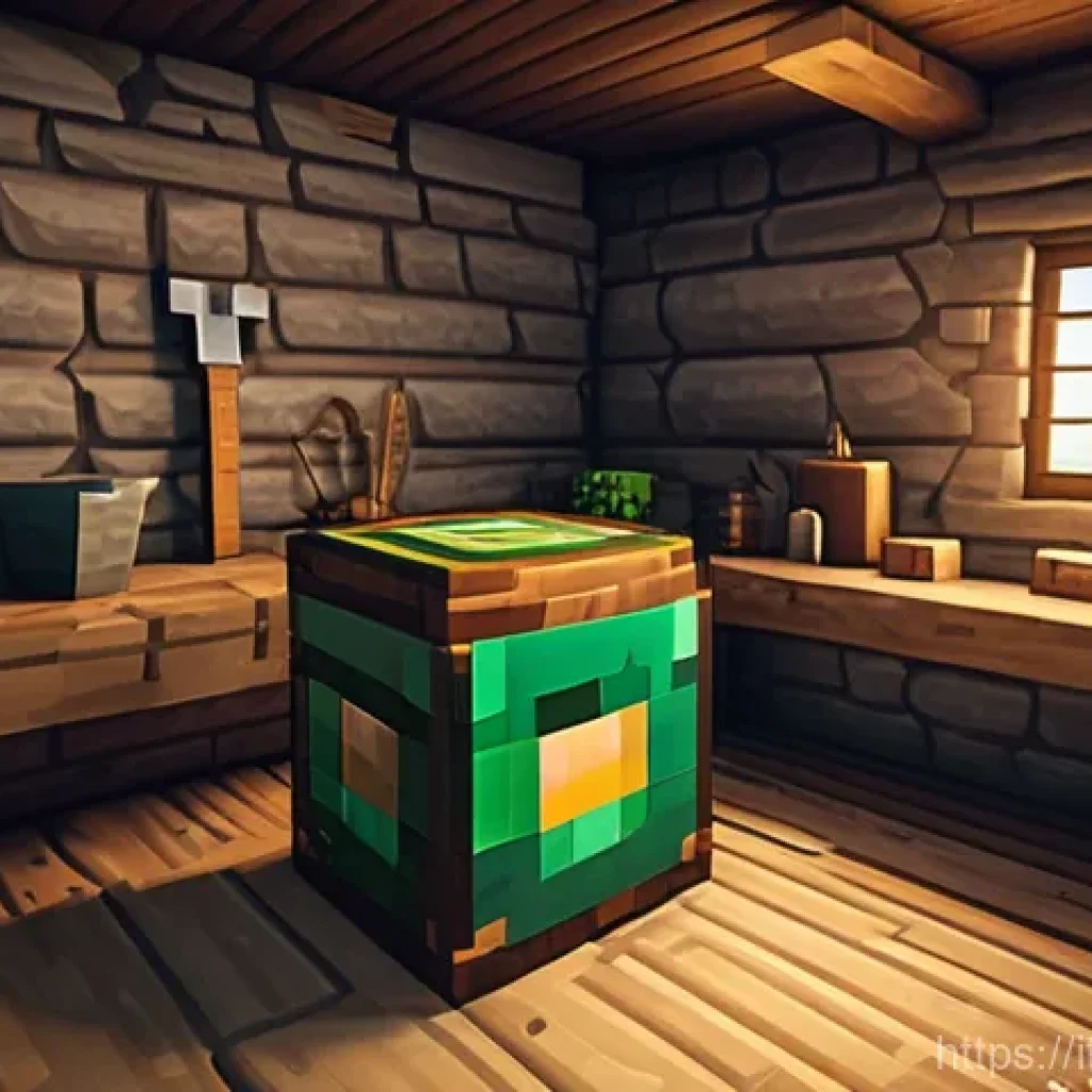 마인크래프트 조합법 총정리 - **Early Adventure's Dawn at the Workbench**
    A vibrant and optimistic image depicting a blocky, g...