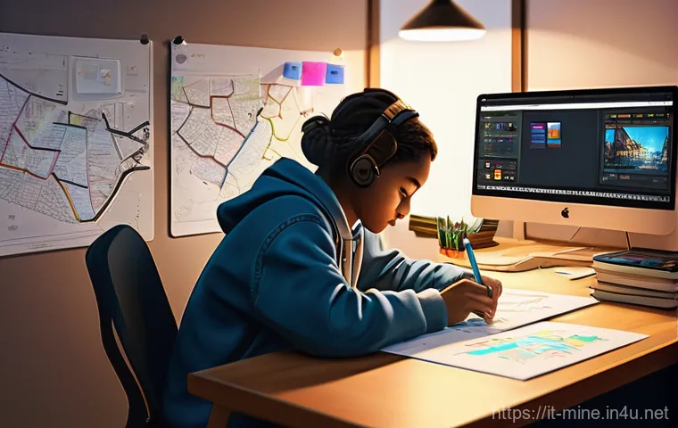 마인크래프트 미니게임 서버 운영 - **A Visionary Creator's Workspace.** A highly detailed, realistic illustration of a cozy, organized ...