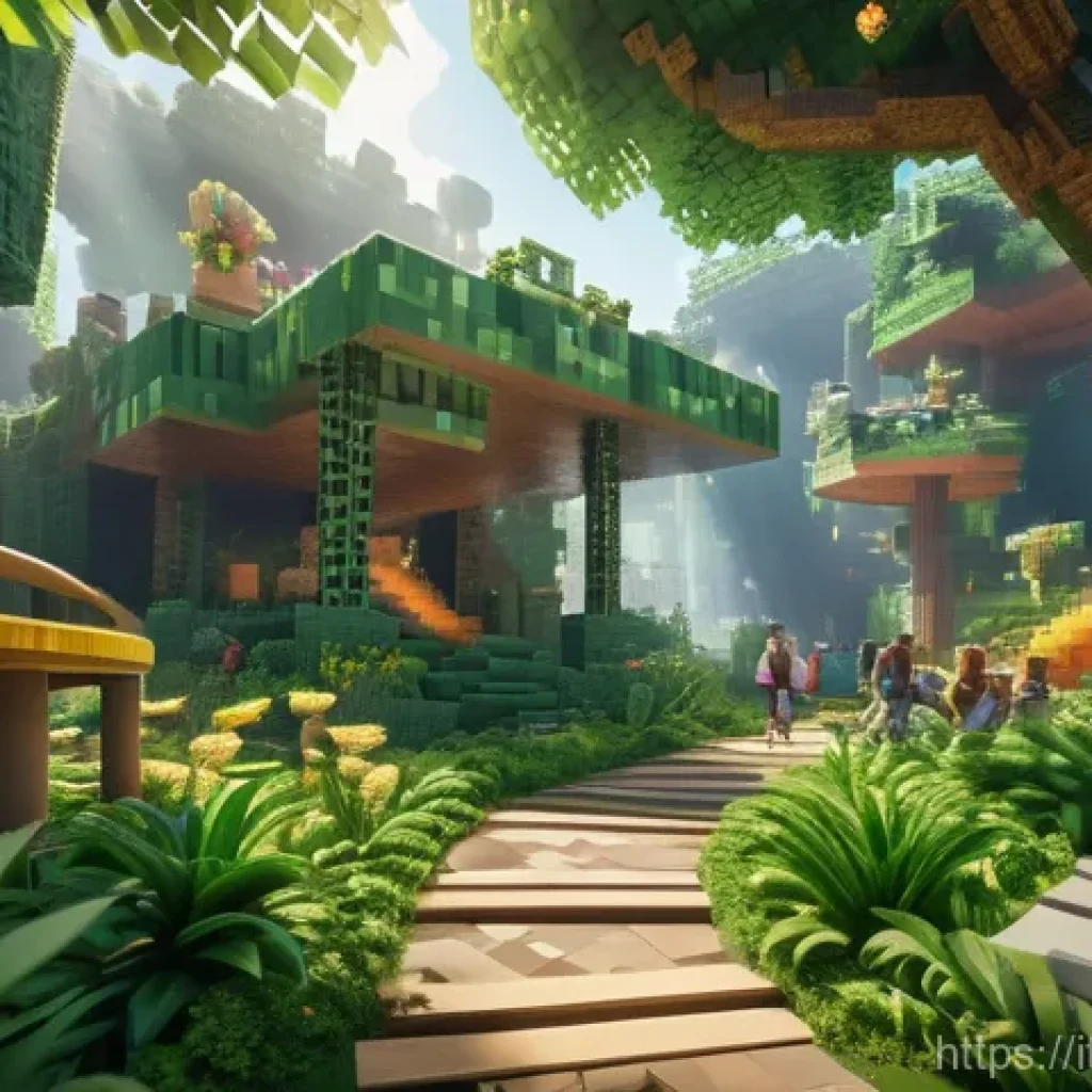 마인크래프트 테마파크 건설 - "A group of diverse families and friends, all dressed in casual, modest clothing suitable for a them...