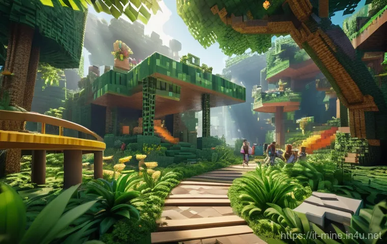 마인크래프트 테마파크 건설 - "A group of diverse families and friends, all dressed in casual, modest clothing suitable for a them...