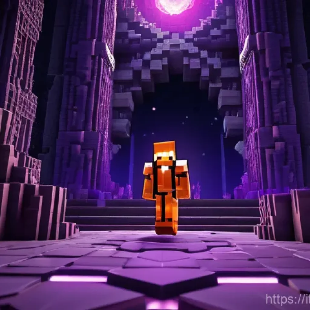 마인크래프트 포탈 기술 분석 - **Nether Gateway Expedition:** A heroic Minecraft adventurer, fully geared in shining diamond armor,...