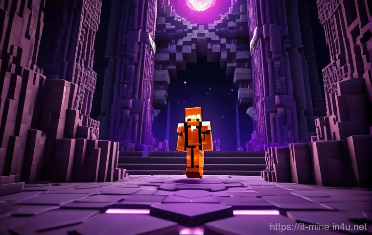마인크래프트 포탈 기술 분석 - **Nether Gateway Expedition:** A heroic Minecraft adventurer, fully geared in shining diamond armor,...