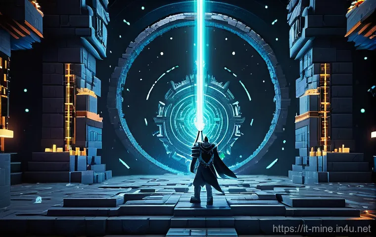 마인크래프트 포탈 기술 분석 - **Nether Gateway Expedition:** A heroic Minecraft adventurer, fully geared in shining diamond armor,...