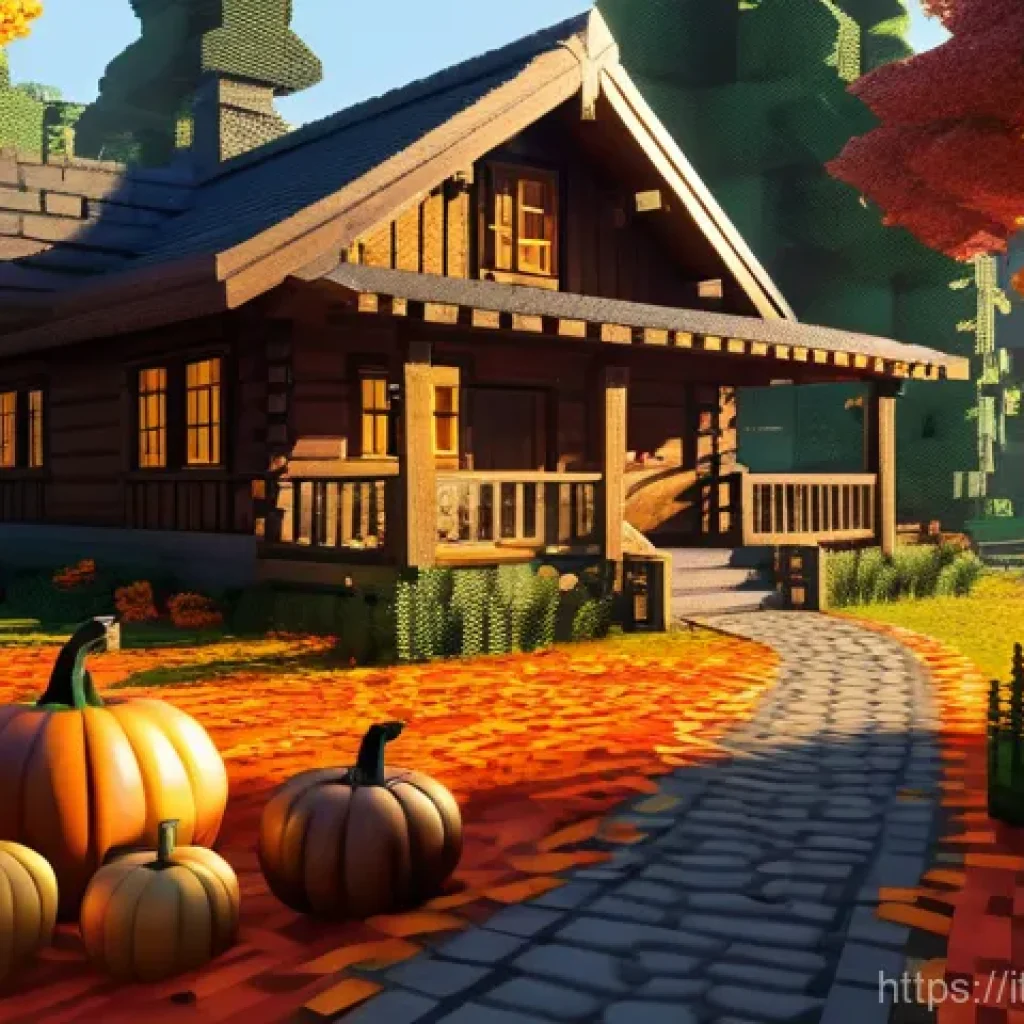마인크래프트 계절별 테마 제작 - Autumn's Embrace - Cozy Cabin:**
"An idyllic autumn landscape in a Minecraft-inspired world, rendere...