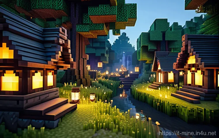 마인크래프트 숲속 마을 설계 - **A Vibrant, Integrated Minecraft Forest Village at Dawn:**
    A wide-angle, atmospheric shot of a ...