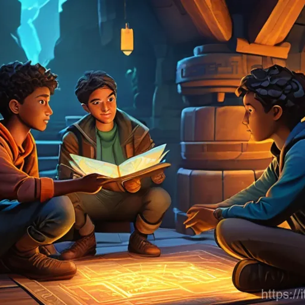 마인크래프트 협동 퀘스트 가이드 - **Prompt:** A diverse group of four young adult adventurers, wearing practical, stylized fantasy-ins...