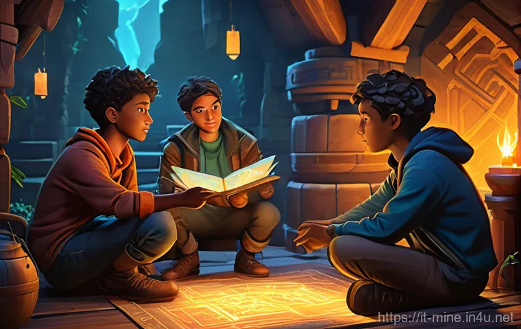 마인크래프트 협동 퀘스트 가이드 - **Prompt:** A diverse group of four young adult adventurers, wearing practical, stylized fantasy-ins...