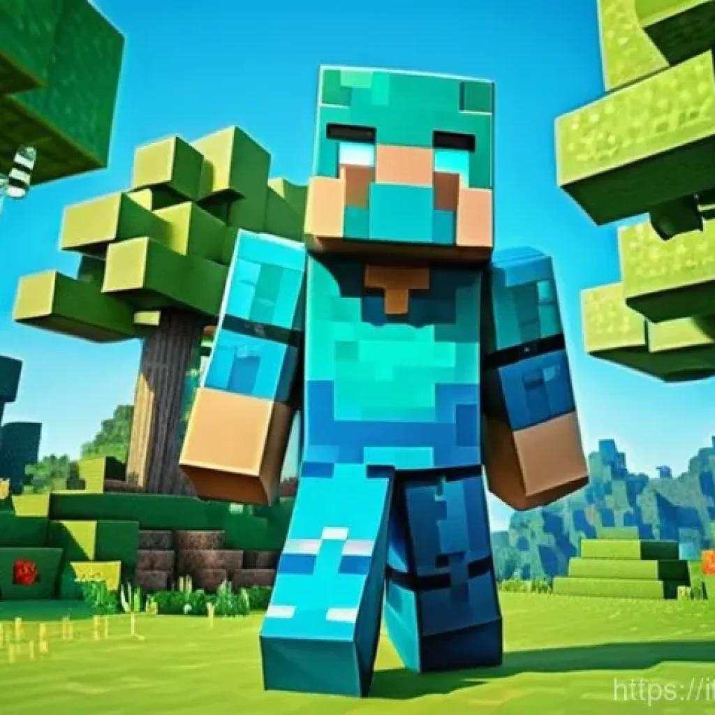 마인크래프트 코스튬 컨테스트 개최 - **Prompt:** A cheerful young adult, dressed as Steve or Alex from Minecraft, stands confidently in a...