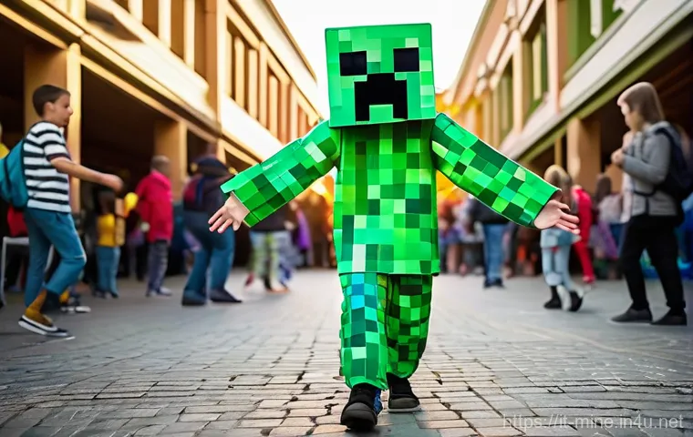 마인크래프트 코스튬 컨테스트 개최 - **Prompt:** A cheerful young adult, dressed as Steve or Alex from Minecraft, stands confidently in a...