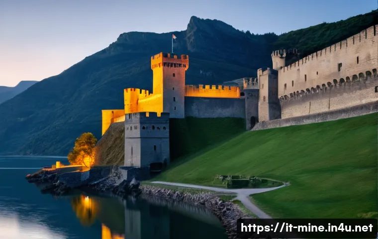 마인크래프트 방어 전략 - **A Grand Medieval Fortress at Dusk:** Imagine a sprawling, majestic medieval fortress built into th...