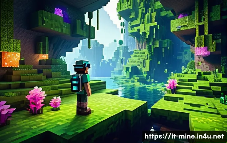 마인크래프트 동굴 업데이트 정보 - **Lush Cave Discovery**
    A vibrant, serene, and magically lit Lush Cave within the Minecraft univ...