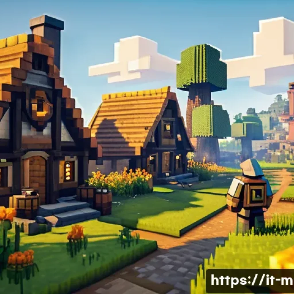 마인크래프트 마을 주민 직업 가이드 - **Prompt:** A bustling and harmonious Minecraft village scene at golden hour. Several distinct villa...