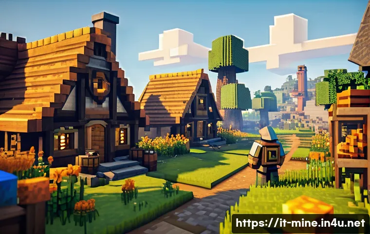 마인크래프트 마을 주민 직업 가이드 - **Prompt:** A bustling and harmonious Minecraft village scene at golden hour. Several distinct villa...