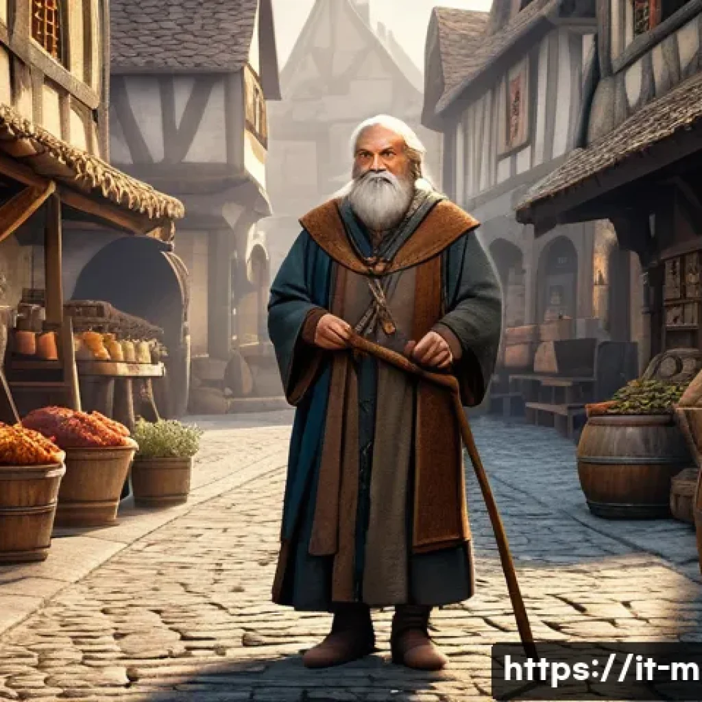 마인크래프트 NPC 퀘스트 설계 - A wise old NPC in a medieval fantasy setting, dressed in detailed worn robes and carrying a wooden s...