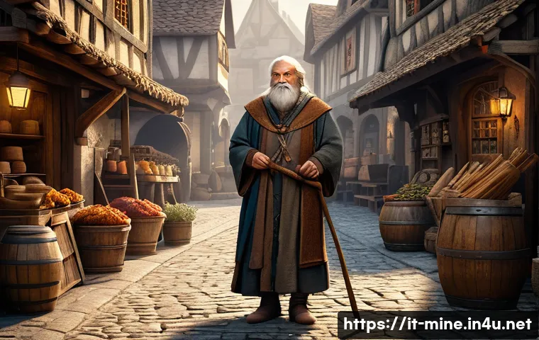 마인크래프트 NPC 퀘스트 설계 - A wise old NPC in a medieval fantasy setting, dressed in detailed worn robes and carrying a wooden s...