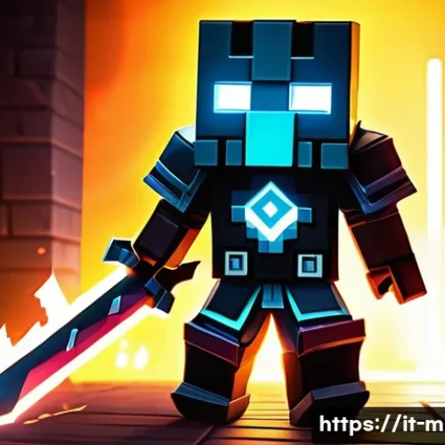 마인크래프트 전설의 아이템 소개 - A legendary Minecraft warrior clad in a full enchanted armor set glowing with mystical runes, wieldi...