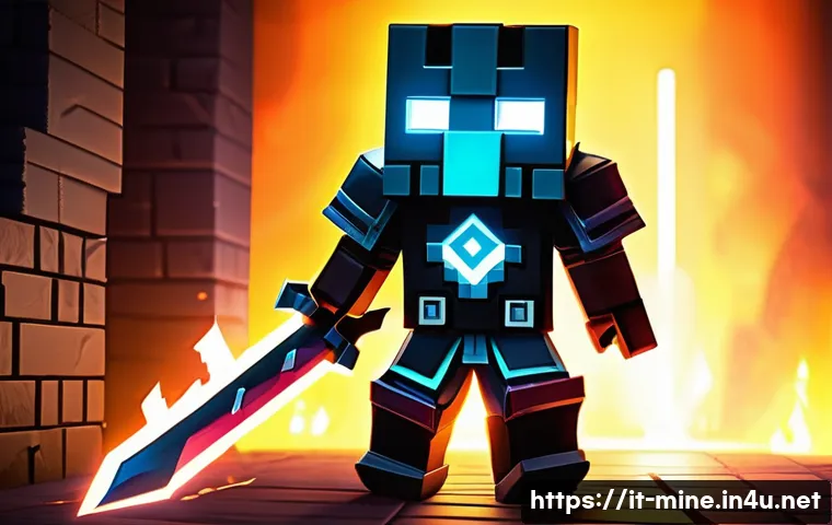 마인크래프트 전설의 아이템 소개 - A legendary Minecraft warrior clad in a full enchanted armor set glowing with mystical runes, wieldi...