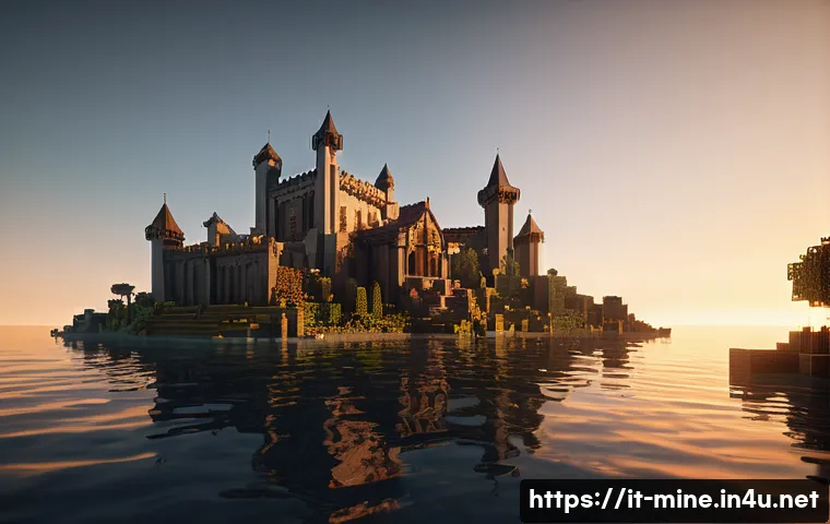 마인크래프트 시네마틱 촬영 팁 - Cinematic Minecraft scene during sunset, featuring warm, soft natural lighting blending with subtle ...