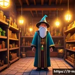 마인크래프트 마법사 NPC 활용 - A detailed fantasy scene of a Minecraft wizard merchant standing in a mystical village marketplace, ...