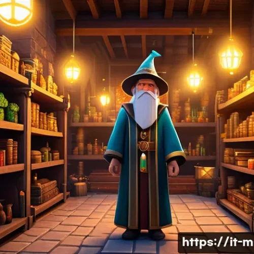 마인크래프트 마법사 NPC 활용 - A detailed fantasy scene of a Minecraft wizard merchant standing in a mystical village marketplace, ...
