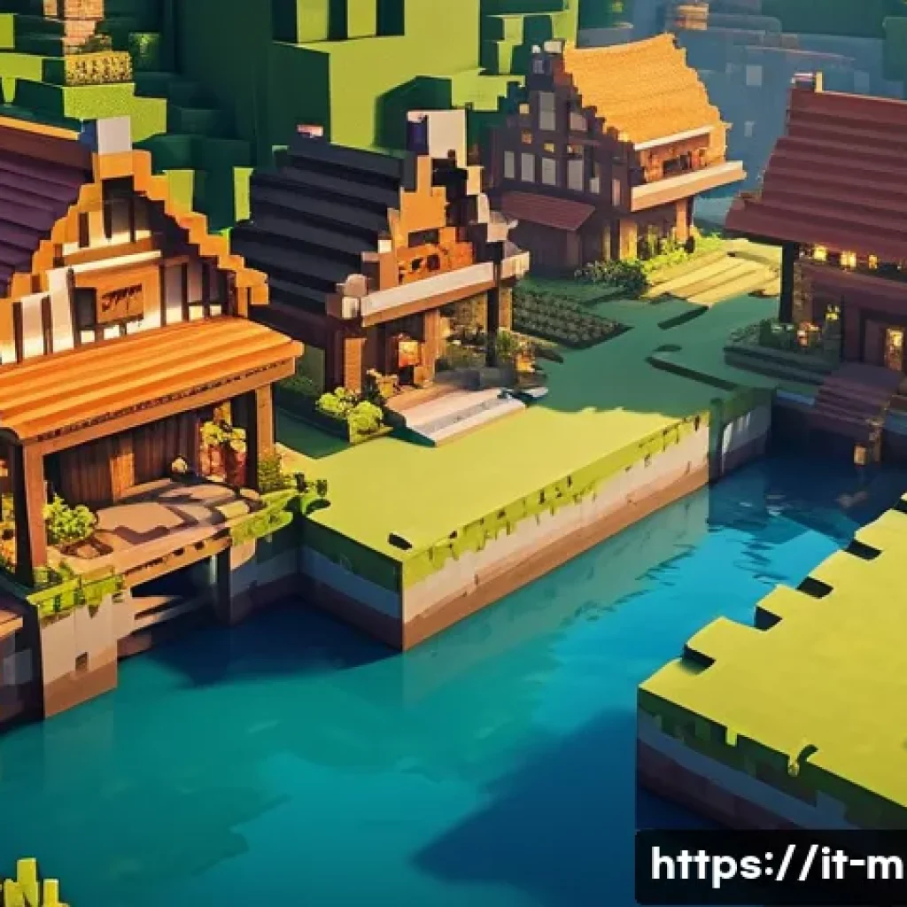 마인크래프트 연대기 시리즈 제작 - A vibrant Minecraft village scene during sunset, featuring NPC villagers with distinct personalities...