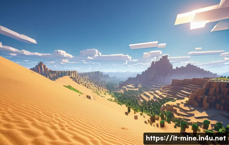 마인크래프트 초대형 맵 다운로드 - A vast Minecraft natural landscape featuring towering mountains, dense forests, and expansive desert...