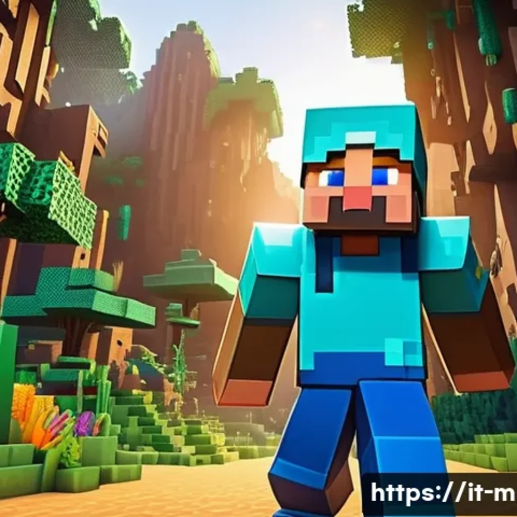 마인크래프트 확장팩 추천 - A vibrant Minecraft scene showcasing an expansive new world biome with diverse flora and fauna, feat...
