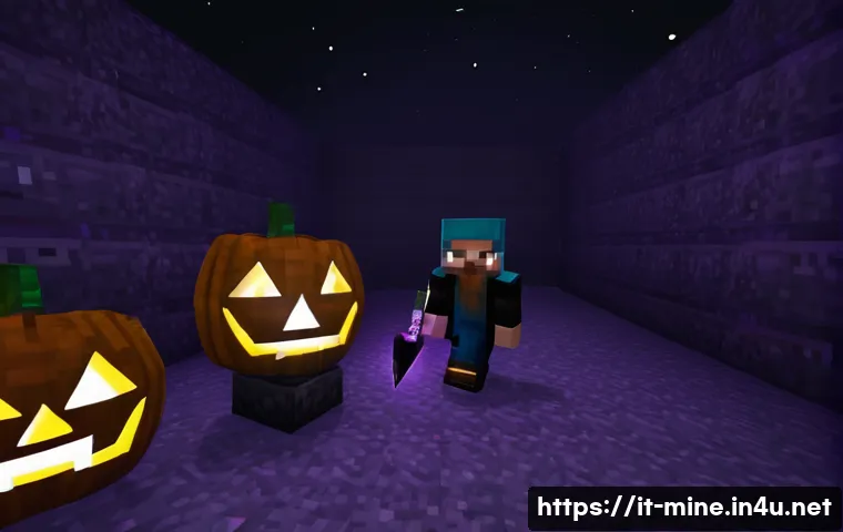 마인크래프트 엔더맨 처치법 - A tense Minecraft scene depicting a player cautiously exploring The End dimension at night, wearing ...