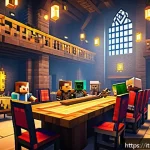 마인크래프트 클랜 운영 팁 - A vibrant Minecraft clan meeting scene inside a large, detailed castle hall with a mix of veteran an...