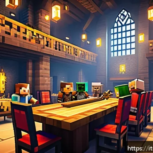 마인크래프트 클랜 운영 팁 - A vibrant Minecraft clan meeting scene inside a large, detailed castle hall with a mix of veteran an...