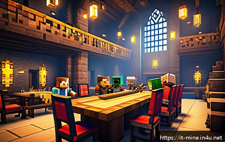 마인크래프트 클랜 운영 팁 - A vibrant Minecraft clan meeting scene inside a large, detailed castle hall with a mix of veteran an...