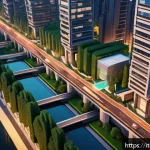 마인크래프트 도시 계획 모드 - A futuristic urban cityscape in Minecraft style featuring smoothly paved main roads and narrow windi...