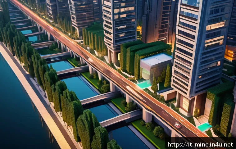 마인크래프트 도시 계획 모드 - A futuristic urban cityscape in Minecraft style featuring smoothly paved main roads and narrow windi...