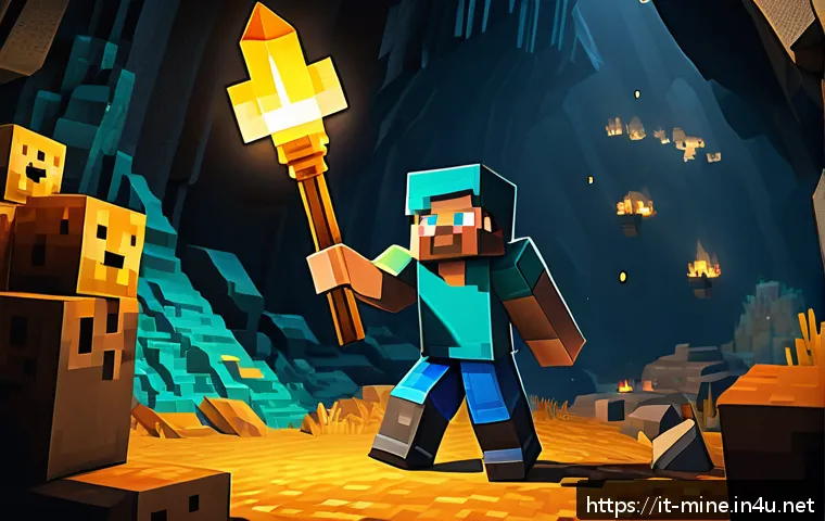마인크래프트 광물 위치 분석 - A dynamic Minecraft underground mining scene showcasing a player character wearing light armor and c...