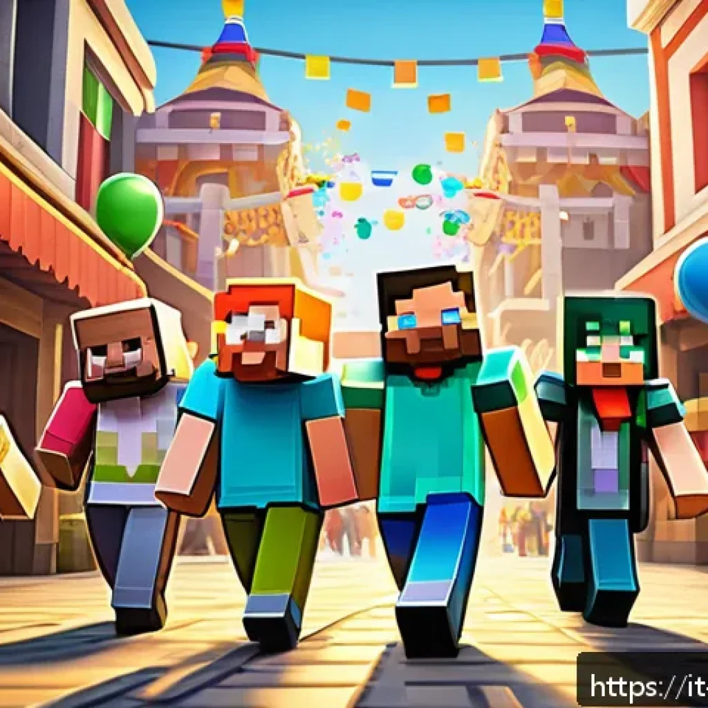 마인크래프트 커뮤니티 성장법 - A vibrant Minecraft community event scene set during an Italian Carnevale festival, featuring player...