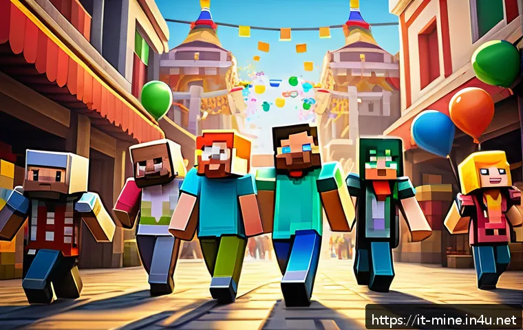 마인크래프트 커뮤니티 성장법 - A vibrant Minecraft community event scene set during an Italian Carnevale festival, featuring player...