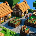 Home 21 마인크래프트 NPC 활용 전략 - A vibrant Minecraft village marketplace scene during daytime, featuring various NPC villagers with d...