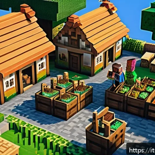 Home 33 마인크래프트 NPC 활용 전략 - A vibrant Minecraft village marketplace scene during daytime, featuring various NPC villagers with d...