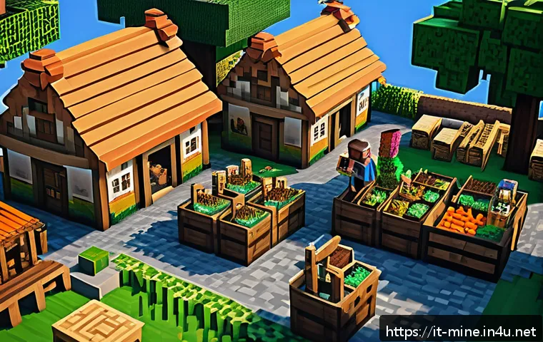 마인크래프트 NPC 활용 전략 - A vibrant Minecraft village marketplace scene during daytime, featuring various NPC villagers with d...