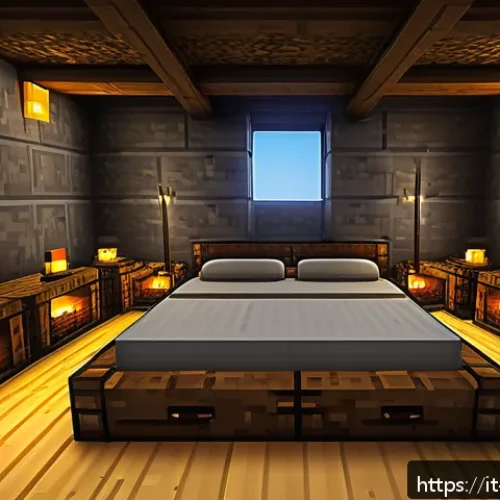 Home 32 마인크래프트 부활 메커니즘 분석 - A well-lit and secure Minecraft base interior featuring a neatly placed bed surrounded by torches an...