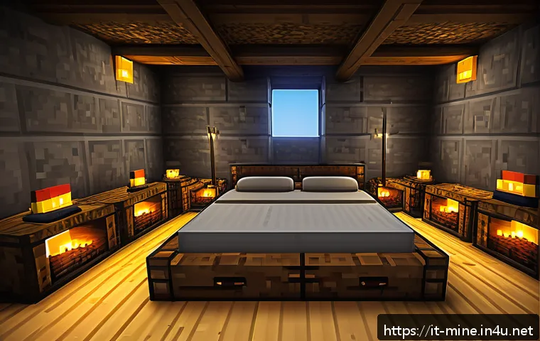 마인크래프트 부활 메커니즘 분석 - A well-lit and secure Minecraft base interior featuring a neatly placed bed surrounded by torches an...