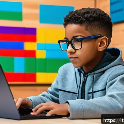 Home 17 마인크래프트 코딩 튜토리얼 - A detailed scene of a young coder working on Minecraft Education Edition using MakeCode on a laptop,...