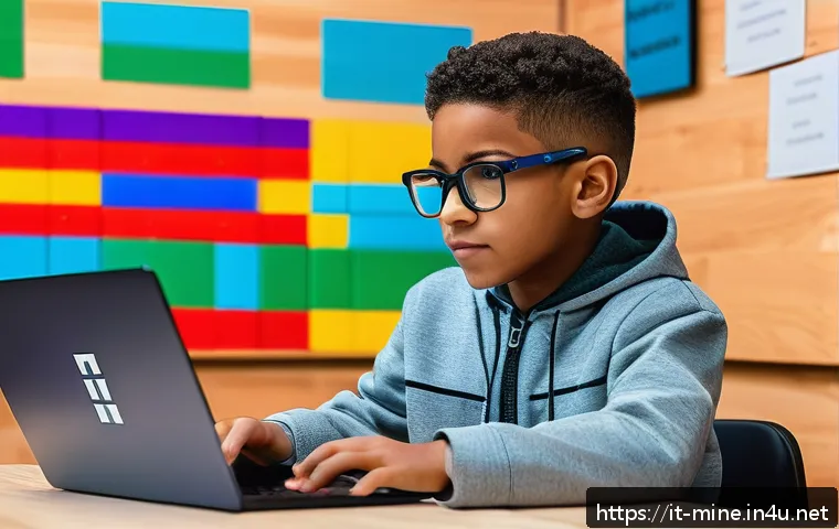 마인크래프트 코딩 튜토리얼 - A detailed scene of a young coder working on Minecraft Education Edition using MakeCode on a laptop,...