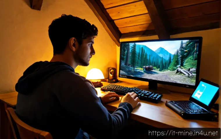 Home 17 마인크래프트 야생 모드 극복 - Photorealistic cinematic survival gaming scene, a young Italian adult at a clean wooden desk in a co...