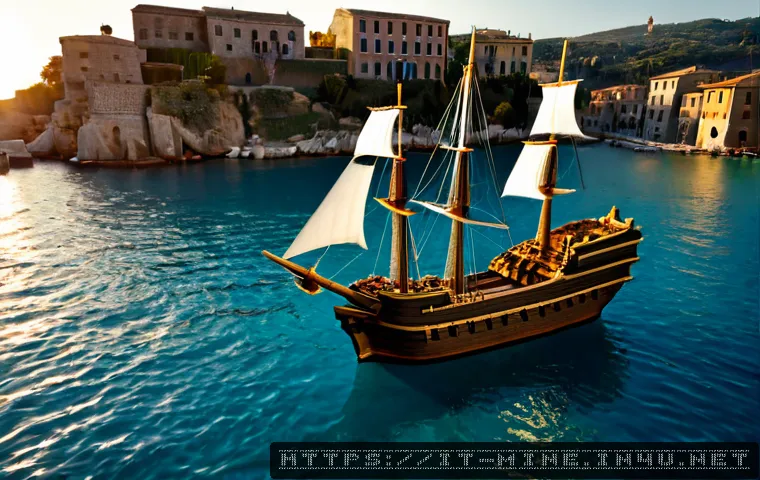 마인크래프트 해적선 건축 - Photorealistic voxel-style pirate ship build made of detailed wooden blocks, moored in a calm Medite...