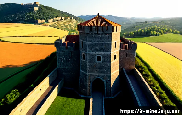 마인크래프트 방어 시설 설계 - Photorealistic voxel-style medieval defense fortress inspired by an Italian hill town, thick stone w...